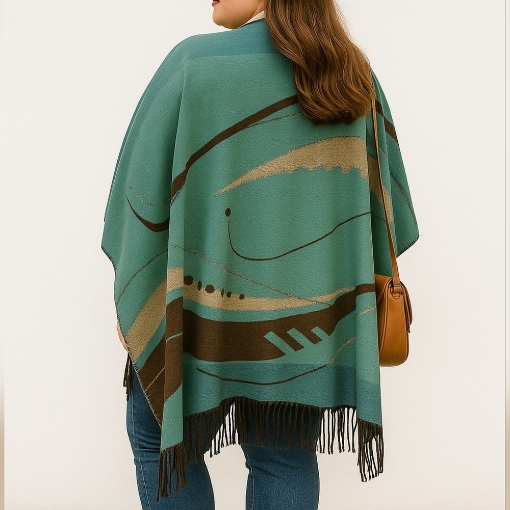 Reversible Ruana Wrap Cape Turquoise & Brown Soft Knit Boho Fringe Shawl XL 1 sz - Picture 14 of 14